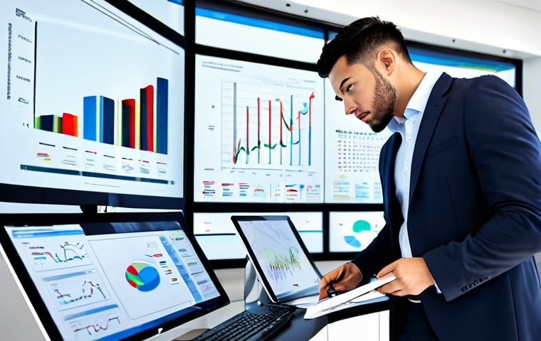 A professional male Business Analyst in a modest business suit, wearing a crisp shirt, fully clothed, appropriate attire, professional dress. He stands thoughtfully in front of a large, interactive digital display showing complex business process flowcharts and data visualizations. He is looking at the screen with an analytical expression, holding a digital pen. The setting is a modern, brightly lit open-plan office with sleek desks and glass partitions, hinting at innovation. safe for work, appropriate content, fully clothed, professional, perfect anatomy, correct proportions, natural pose, well-formed hands, proper finger count, natural body proportions, high-quality professional photography, ultra-realistic.