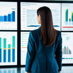 A professional business analyst in a modest, contemporary business suit, standing confidently in a bright, modern data analysis center. She is looking at a large holographic display showing intricate, glowing data visualizations, predictive analytics charts, and interconnected digital networks. The environment is sleek, futuristic, and filled with the soft glow of digital interfaces, emphasizing innovation and data-driven insights. fully clothed, appropriate attire, safe for work, professional dress, perfect anatomy, correct proportions, natural pose, well-formed hands, proper finger count, natural body proportions, professional photography, high quality, appropriate content.